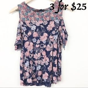 Lucky Brand Floral Cold Shoulder Top Navy M